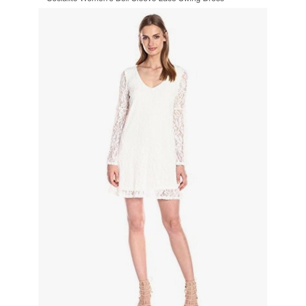 Socialite Womens‎ Bell Sleeve Lace Swing Dress White V-Neck Mini XS